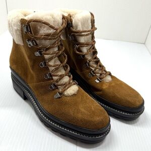 Bernardo Shearling Suede Lace Up Ankle Boots 7.5 Brown Fur Lined Lug Sole